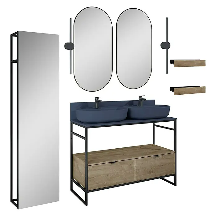 Inspira Badmöbel-Set AJ4 - Gesamtbreite Badmöbel: 120 cm, Navy Blue/Canela Oak/Black, Matt, 15 -tlg. - Badezimmer-Set mit Doppelwaschtisch, Spiegeln und Regalen. Das moderne Design bietet viel Stauraum und eine stilvolle Optik.