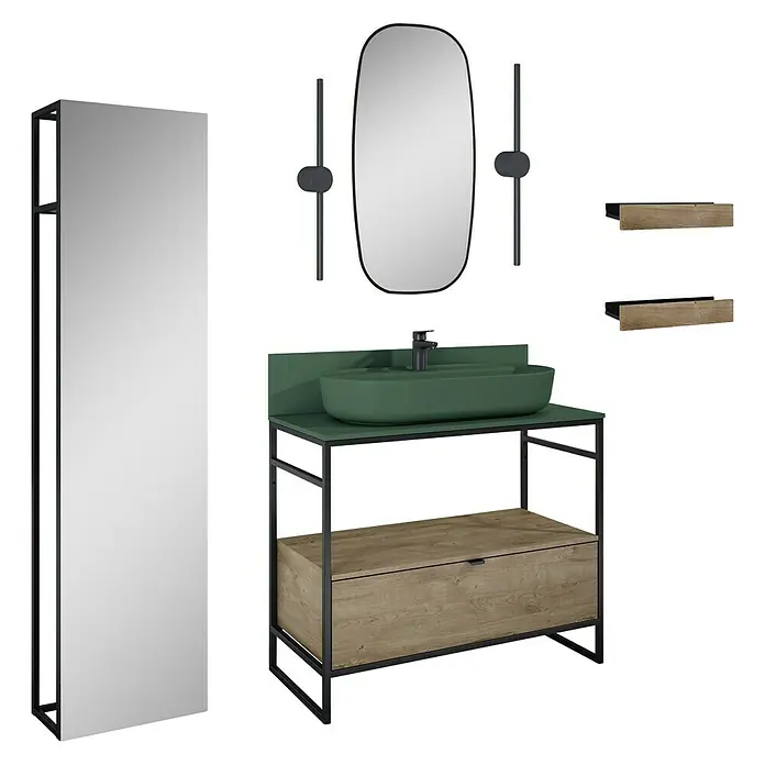 Inspira Badmöbel-Set AK3 - Gesamtbreite Badmöbel: 100 cm, Forest Green/Canela Oak/Black, Matt, 12 -tlg. - Badezimmereinrichtung mit Waschbeckenunterschrank, Spiegel und Regalen in modernem Design mit grünen und Holzfarben.