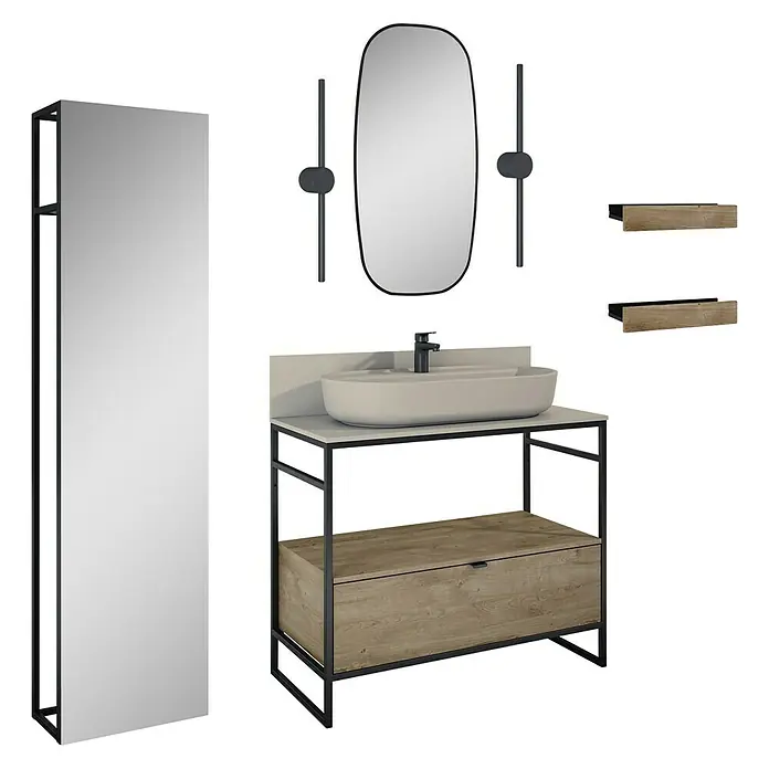 Inspira Badmöbel-Set AK4 - Gesamtbreite Badmöbel: 100 cm, Fume/Canela Oak/Black, Matt, 12 -tlg. - Ein modernes Badezimmerset mit einem Waschtisch mit Unterschrank, Spiegel und Regalen, das Design und Funktionalität vereint.