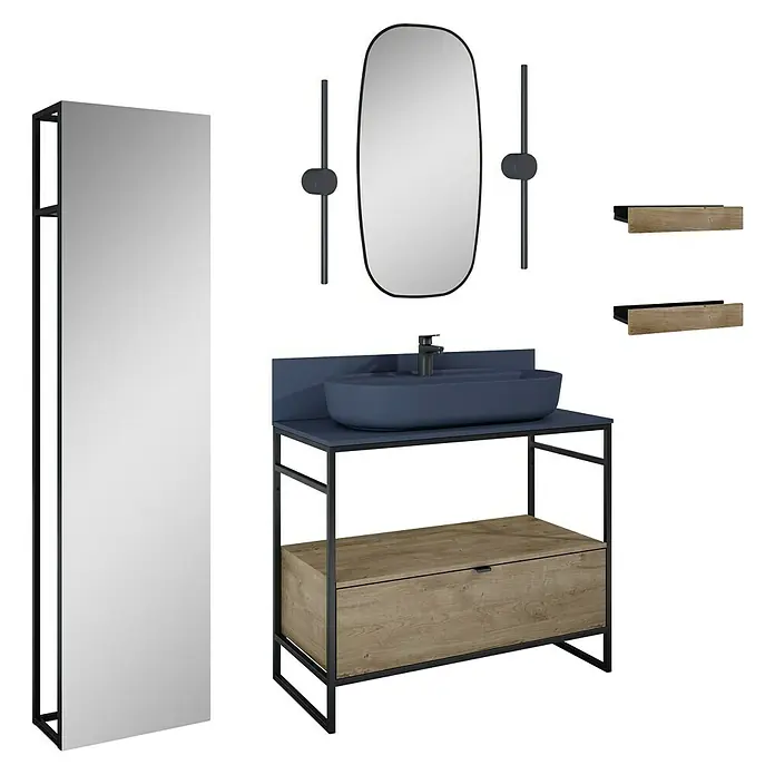 Inspira Badmöbel-Set AK5 - Gesamtbreite Badmöbel: 100 cm, Navy Blue/Canela Oak/Black, Matt, 12 -tlg. - Ein modernes Badezimmerset mit Waschtisch, Spiegel und Regalen, die ein stilvolles und funktionales Design für jedes Badezimmer bieten.