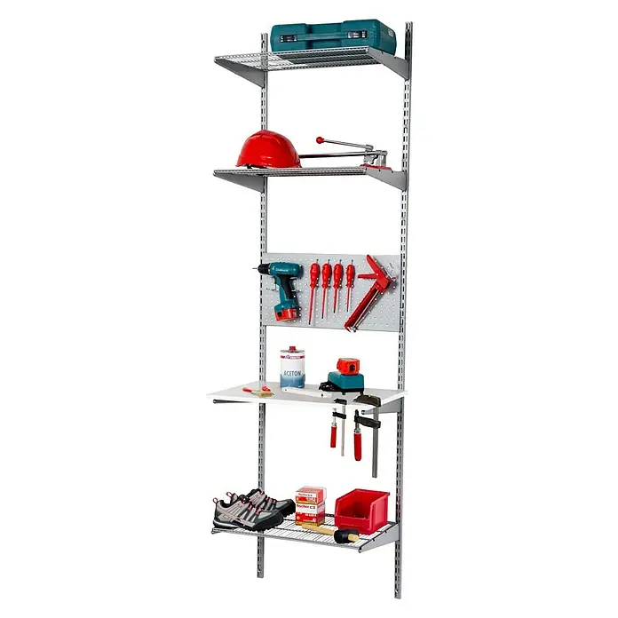 Phönix Regal-Set Staxx Garage - L x B x H: 62 x 65 x 223,6 cm, Eiche/Silber - Werkzeugregal mit verschiedenen Werkzeugen und Zubehör auf mehreren Regalebenen. Optimal für die Werkstatt.
