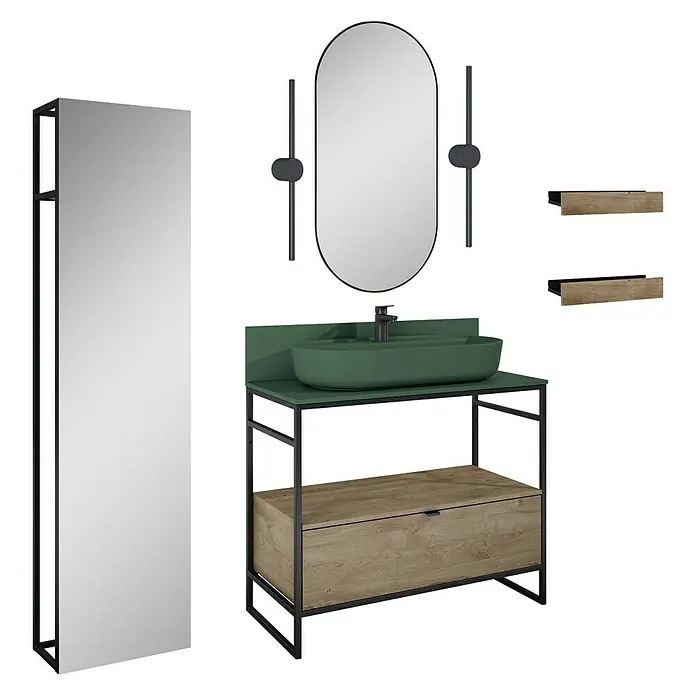 Inspira Badmöbel-Set AL3 - Gesamtbreite Badmöbel: 100 cm, Forest Green/Canela Oak/Black, Matt, 12 -tlg. - Ein Badezimmer-Set mit einem Unterschrank mit grüner Waschtischplatte, einem Aufsatzwaschbecken in Grün, einem ovalen Spiegel und einem Spiegelschrank.