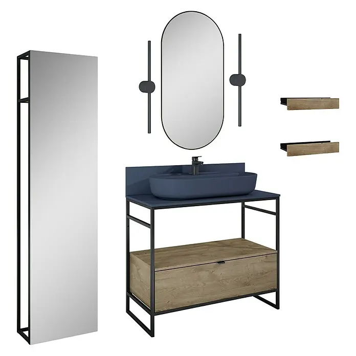 Inspira Badmöbel-Set AL5 - Gesamtbreite Badmöbel: 100 cm, Navy Blue/Canela Oak/Black, Matt, 12 -tlg. - Ein Badezimmer-Set mit einem Waschbeckenunterschrank in blau, einem ovalen Spiegel und einem hohen Spiegel.