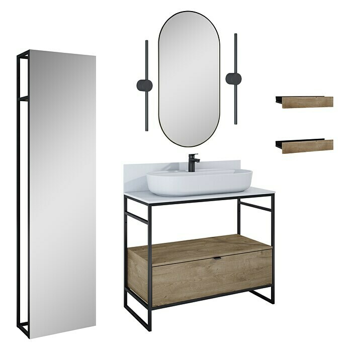 Inspira Badmöbel-Set AL7 (12 -tlg., 100 cm, Stone/Canela Oak/Black, Matt)