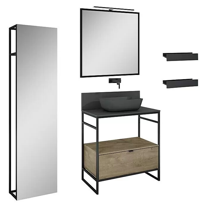 Inspira Badmöbel-Set BA1 - Gesamtbreite Badmöbel: 80 cm, Anthracite/Canela Oak/Black, Matt, 10 -tlg. - Diagonale Ansicht