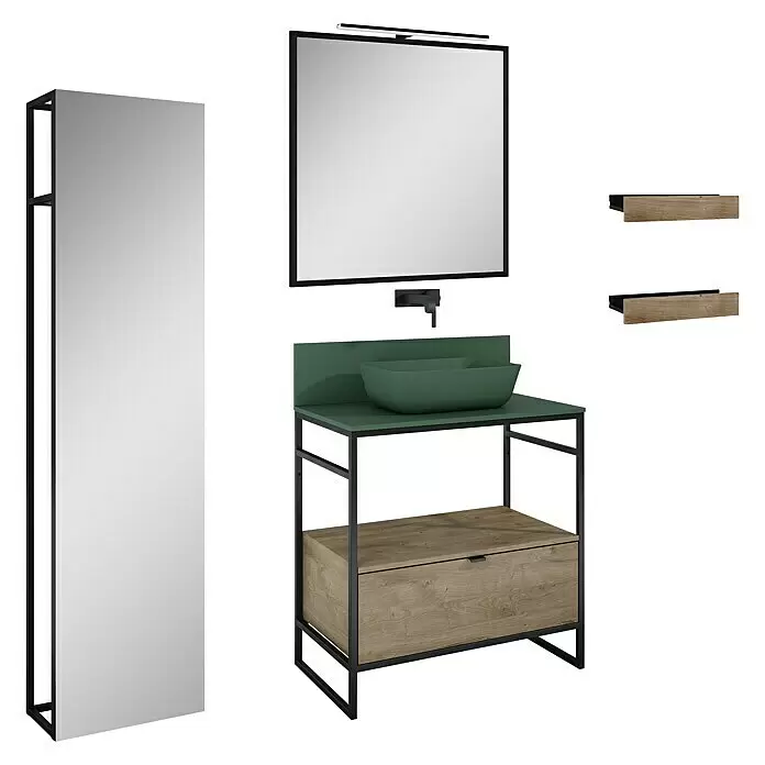 Inspira Badmöbel-Set BA2 - Gesamtbreite Badmöbel: 80 cm, Forest Green/Canela Oak/Black, Matt, 10 -tlg. - Diagonale Ansicht
