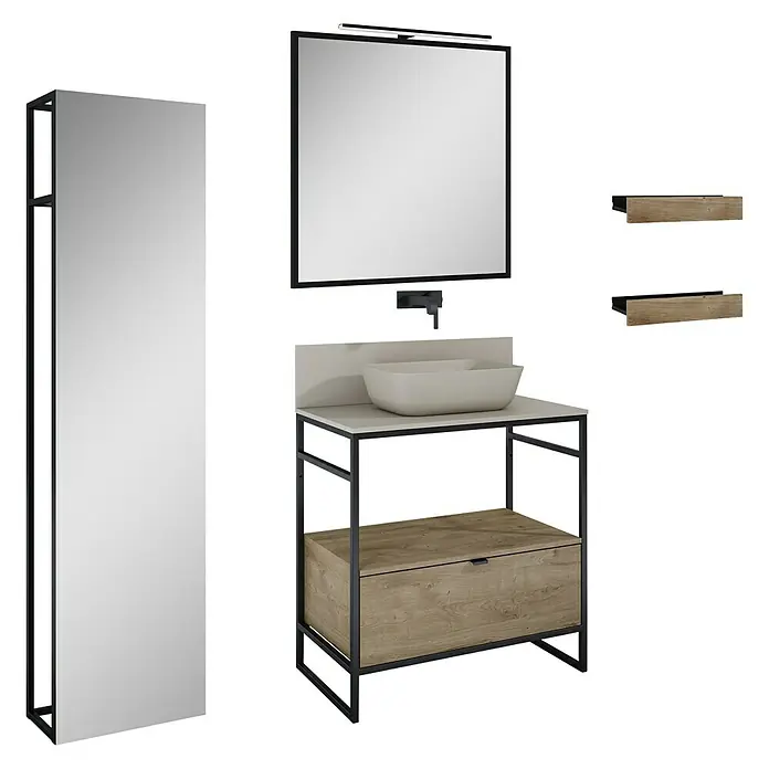 Inspira Badmöbel-Set BA3 - Gesamtbreite Badmöbel: 80 cm, Fume/Canela Oak/Black, Matt, 10 -tlg. - Badezimmer-Ensemble mit Waschtisch, Spiegel und Regalen. Moderner Stil mit dunklen Metallrahmen und Holzelementen.