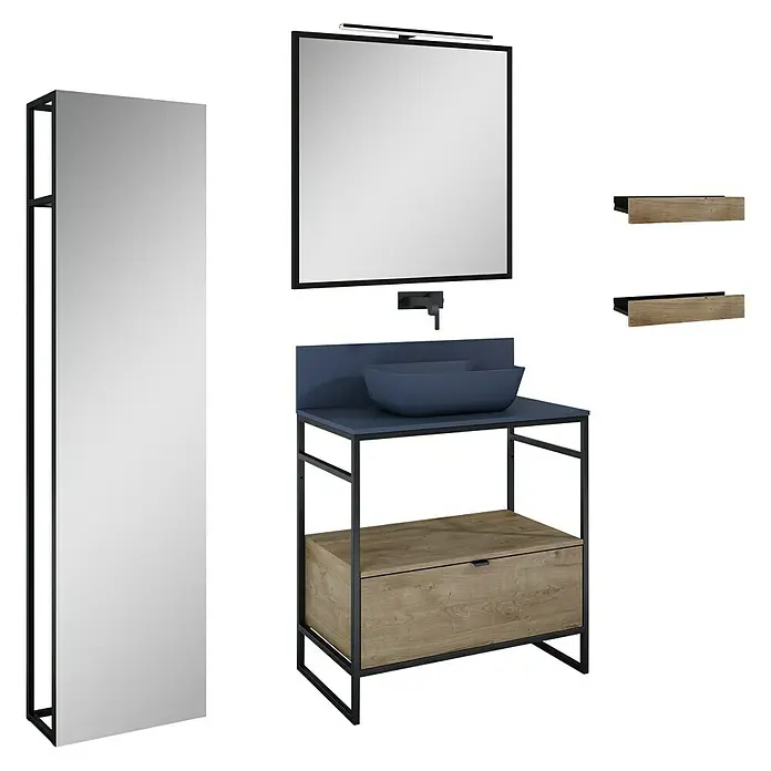 Inspira Badmöbel-Set BA4 - Gesamtbreite Badmöbel: 80 cm, Navy Blue/Canela Oak/Black, Matt, 10 -tlg. - Ein Badezimmer-Set mit Spiegel, Waschbeckenunterschrank und Regalen, das modernes Design und Funktionalität vereint.