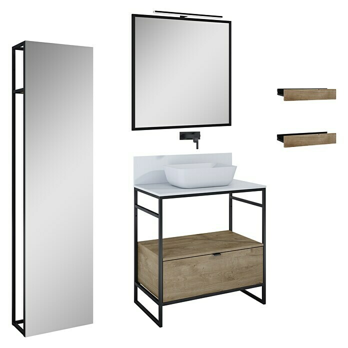 Inspira Badmöbel-Set BA6 (10 -tlg., 80 cm, Stone/Canela Oak/Black, Matt)