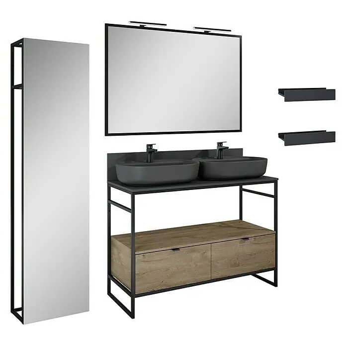 Inspira Badmöbel-Set BB2 - Gesamtbreite Badmöbel: 120 cm, Anthracite/Canela Oak/Black, Matt, 12 -tlg. - Badezimmerensemble mit Spiegel, Waschtischunterschrank, Aufsatzwaschbecken und zwei Regalen. Stilvolles Design für moderne Bäder.