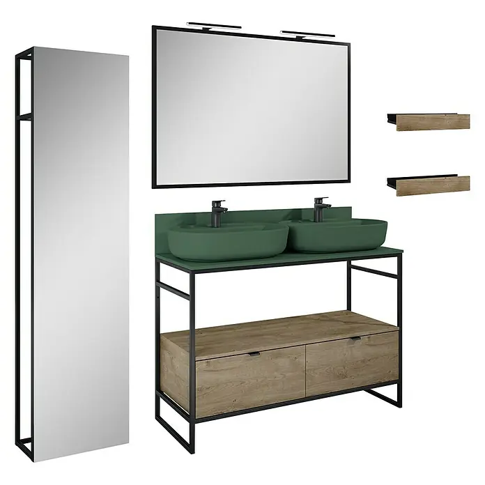 Inspira Badmöbel-Set BB3 - Gesamtbreite Badmöbel: 120 cm, Forest Green/Canela Oak/Black, Matt, 12 -tlg. - Ein moderner Waschtisch mit Doppelwaschbecken und Spiegel, der mit seinem industriellen Design Akzente im Badezimmer setzt.
