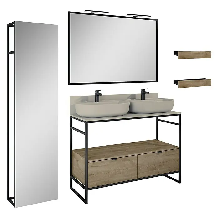 Inspira Badmöbel-Set BB4 - Gesamtbreite Badmöbel: 120 cm, Fume/Canela Oak/Black, Matt, 12 -tlg. - Badezimmerset mit Waschbeckenunterschrank, Spiegel und Regalen in modernem Design mit Holzoptik und schwarzem Metallgestell.
