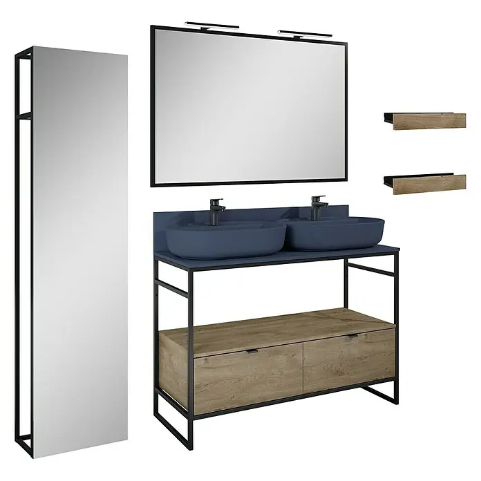 Inspira Badmöbel-Set BB5 - Gesamtbreite Badmöbel: 120 cm, Navy Blue/Canela Oak/Black, Matt, 12 -tlg. - Produktansicht eines Badezimmermöbelsets mit Waschtischunterschrank, Spiegel und Regalen für ein stilvolles Bad.