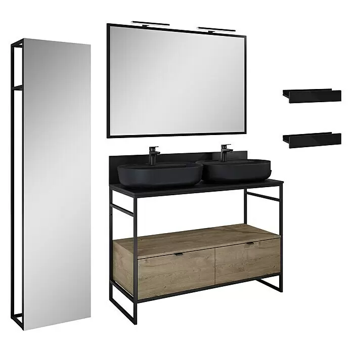 Inspira Badmöbel-Set BB6 - Gesamtbreite Badmöbel: 120 cm, Black/Canela Oak, Matt, 12 -tlg. - Diagonale Ansicht