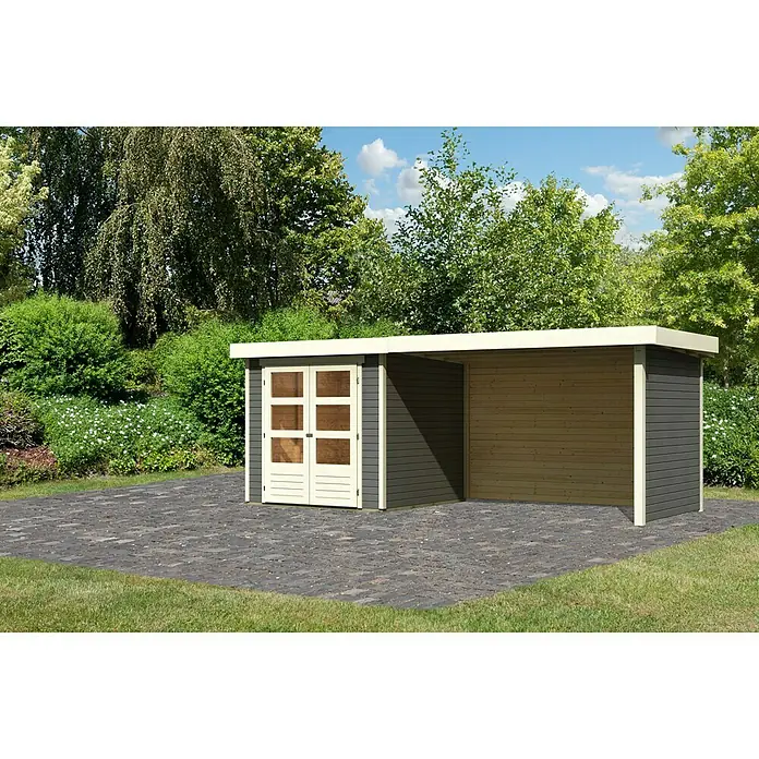 Karibu Gartenhaus Askola 2 - Außenmaß inkl. Dachüberstand (B x T): 504,5 x 238 cm, Holz, Terragrau, Mit Anbaudach, Seiten- und Rückwand - Geräumiges Gartenhaus mit Doppeltüren und offenem Anbau, ideal für Gartenutensilien und als Unterstand.