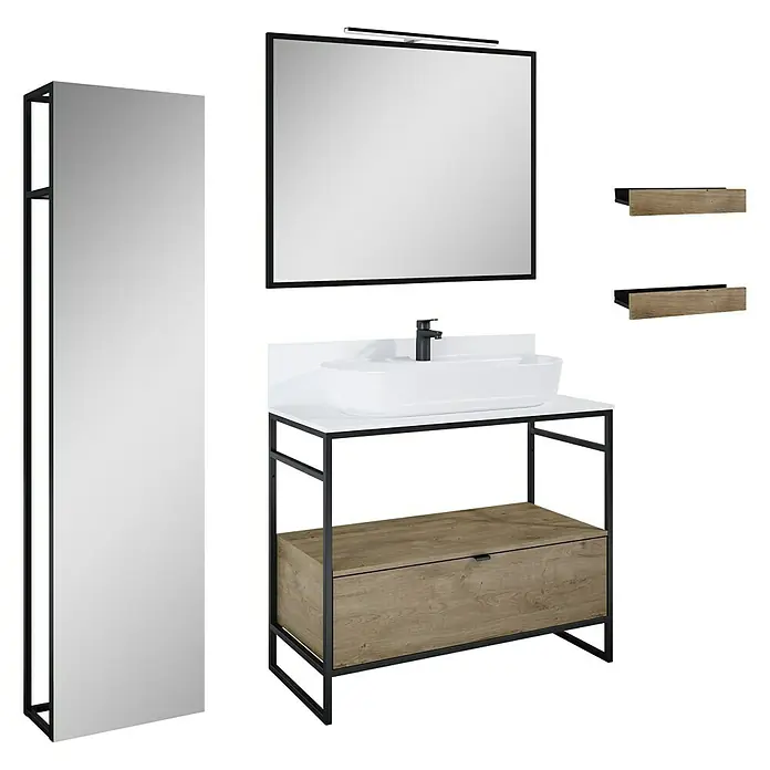 Inspira Badmöbel-Set BC1 - Gesamtbreite Badmöbel: 100 cm, White/Canela Oak/Black, Matt, 10 -tlg. - Das Bild zeigt ein modernes Badezimmerset mit Waschtisch, Spiegel und Regalen, das ein stilvolles Ambiente schafft.