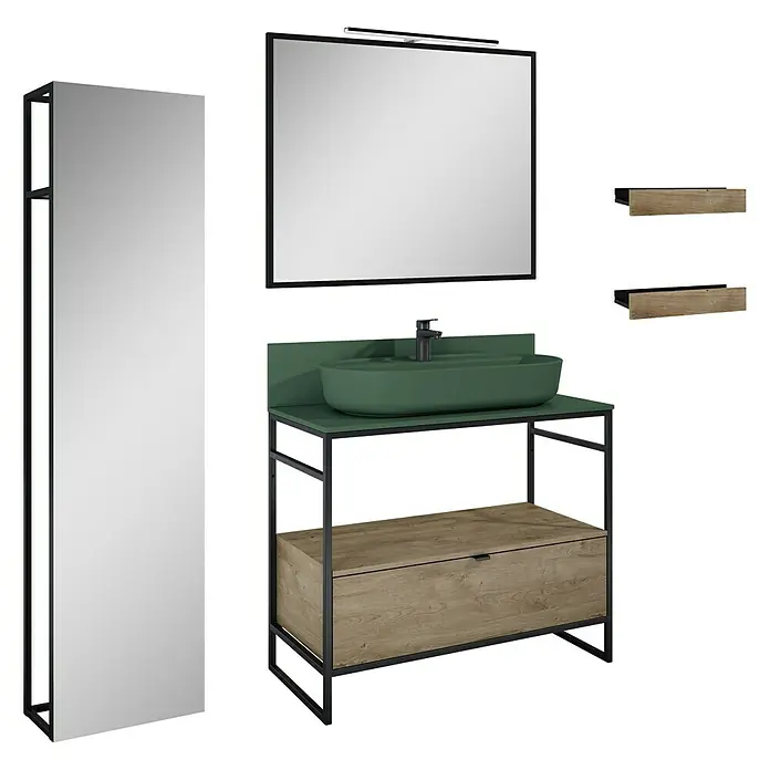 Inspira Badmöbel-Set BC3 - Gesamtbreite Badmöbel: 100 cm, Forest Green/Canela Oak/Black, Matt, 10 -tlg. - Badezimmer-Set mit Spiegel, Waschtisch mit grünem Becken und Holzschrank, ergänzt durch Regale und einen separaten Spiegelschrank.