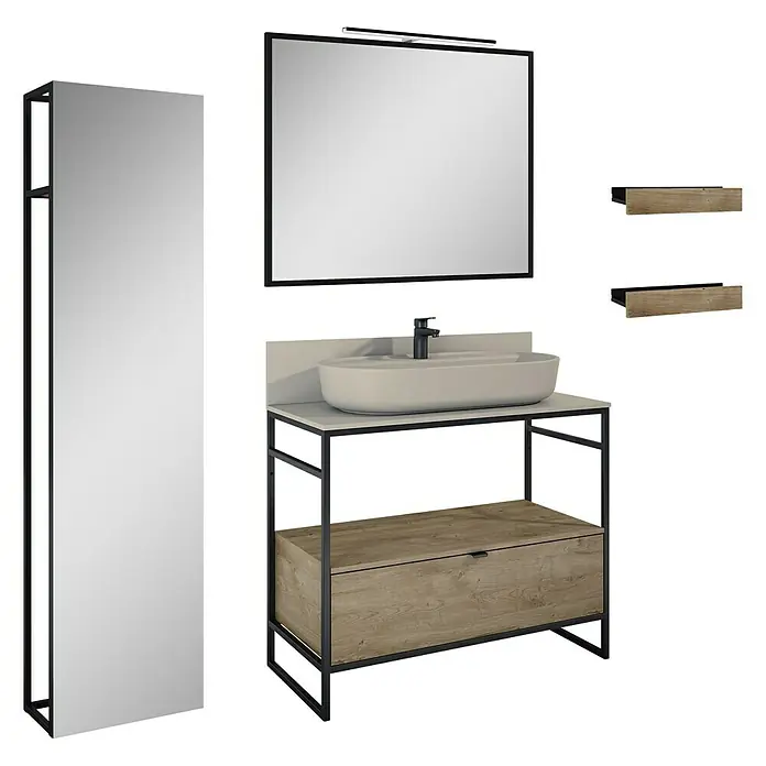 Inspira Badmöbel-Set BC4 - Gesamtbreite Badmöbel: 100 cm, Fume/Canela Oak/Black, Matt, 10 -tlg. - Stilvolles Badezimmer-Set mit Waschtischunterschrank, Spiegel und Ablagen für ein modernes Ambiente im Badezimmer.