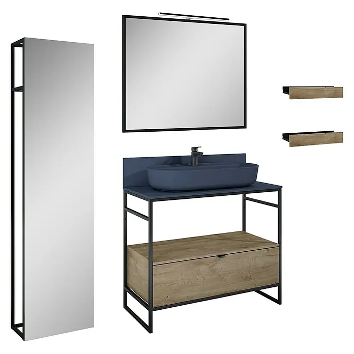 Inspira Badmöbel-Set BC5 - Gesamtbreite Badmöbel: 100 cm, Navy Blue/Canela Oak/Black, Matt, 10 -tlg. - Ein modernes Badezimmer-Set mit Waschtisch, Spiegel und Regalen, das durch sein minimalistisches Design besticht.