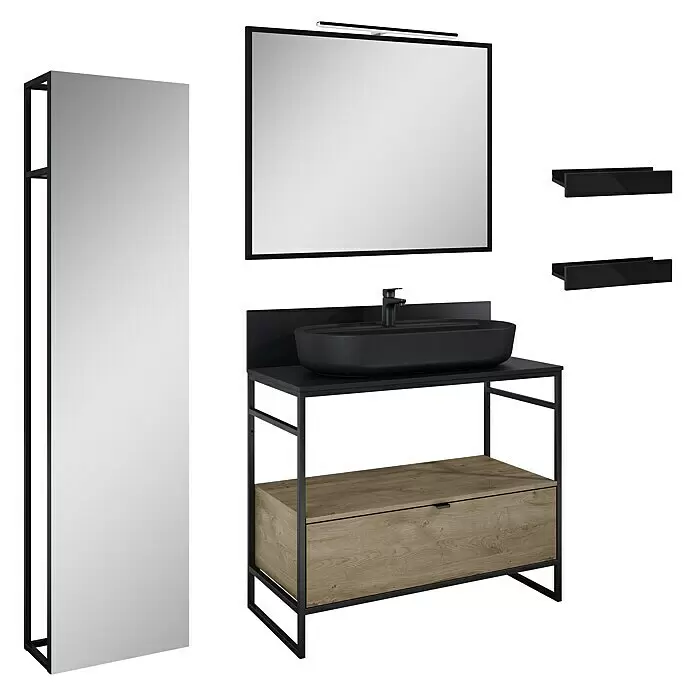 Inspira Badmöbel-Set BC6 - Gesamtbreite Badmöbel: 100 cm, Black/Canela Oak, Matt, 10 -tlg. - Diagonale Ansicht