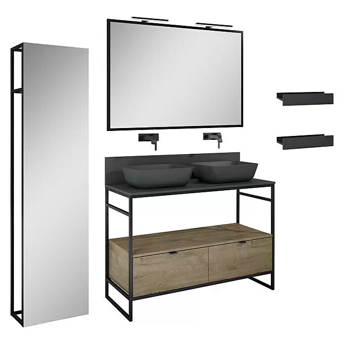 Inspira Badmöbel-Set BD2 - Gesamtbreite Badmöbel: 120 cm, Anthracite/Canela Oak/Black, Matt, 12 -tlg. - Diagonale Ansicht