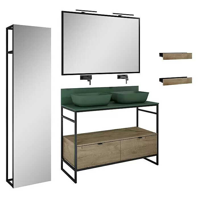 Inspira Badmöbel-Set BD3 - Gesamtbreite Badmöbel: 120 cm, Forest Green/Canela Oak/Black, Matt, 12 -tlg. - Diagonale Ansicht