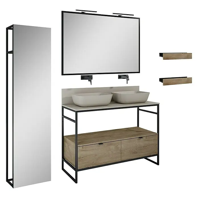Inspira Badmöbel-Set BD4 - Gesamtbreite Badmöbel: 120 cm, Fume/Canela Oak/Black, Matt, 12 -tlg. - Modernes Badezimmerensemble mit Waschtisch, Spiegel und Schränken in stilvollem Design.