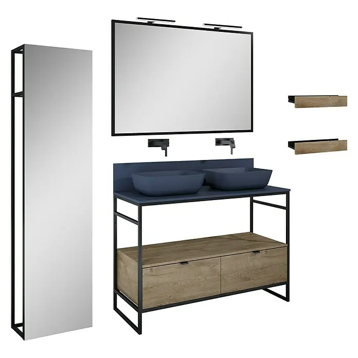 Inspira Badmöbel-Set BD5 - Gesamtbreite Badmöbel: 120 cm, Navy Blue/Canela Oak/Black, Matt, 12 -tlg. - Elegantes Badezimmer-Set mit Doppelwaschtisch, Spiegel mit Beleuchtung und passendem Hochschrank für ein stilvolles Ambiente.