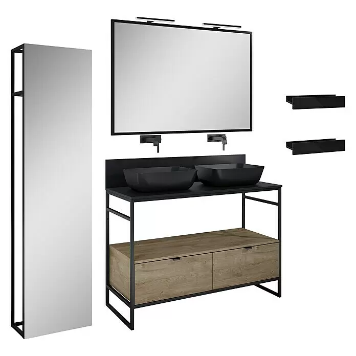 Inspira Badmöbel-Set BD6 - Gesamtbreite Badmöbel: 120 cm, Black/Canela Oak, Matt, 12 -tlg. - Diagonale Ansicht