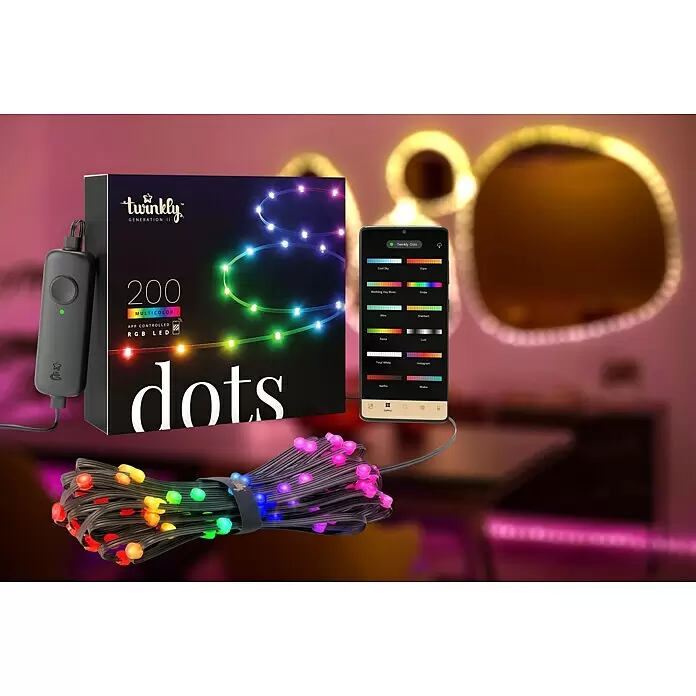 Twinkly Smart-LED-Band Dots - Länge: 10 m, RGB, 24 W, Schwarz - Twinkly Dots mehrfarbige RGB-LED-Lichterkette, Steuerung und Smartphone-App mit Farbvoreinstellungen.