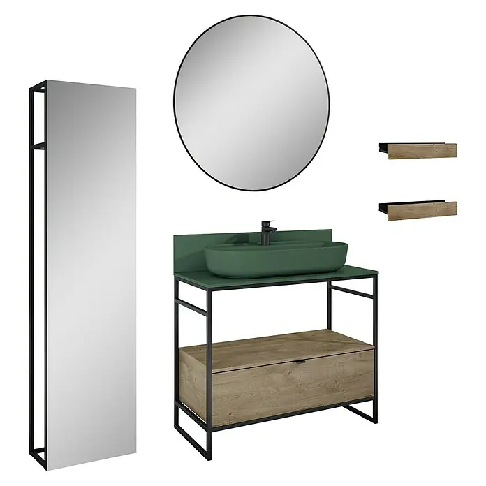 Inspira Badmöbel-Set BE3 - Gesamtbreite Badmöbel: 100 cm, Forest Green/Canela Oak/Black, Matt, 10 -tlg. - Badmöbel-Set mit Spiegel, Waschtischunterschrank, Aufsatzwaschbecken und Ablagen in modernem Design für ein stilvolles Badezimmer.