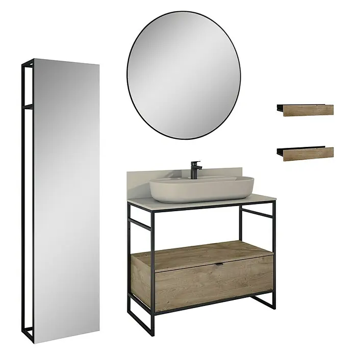 Inspira Badmöbel-Set BE4 - Gesamtbreite Badmöbel: 100 cm, Fume/Canela Oak/Black, Matt, 10 -tlg. - Badezimmereinrichtung mit Waschtisch, Spiegel und Regalen.