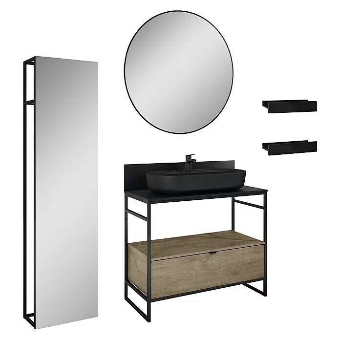 Inspira Badmöbel-Set BE6 - Gesamtbreite Badmöbel: 100 cm, Black/Canela Oak, Matt, 10 -tlg. - Diagonale Ansicht