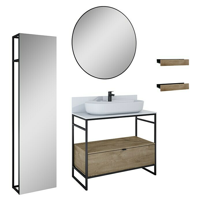 Inspira Badmöbel-Set BE7 (10 -tlg., 100 cm, Stone/Canela Oak/Black, Matt)