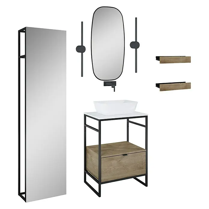 Inspira Badmöbel-Set BF1 - Gesamtbreite Badmöbel: 60 cm, White/Canela Oak/Black, Matt, 11 -tlg. - Badezimmerset mit Waschtischunterschrank, Spiegel, Leuchten und Regalen für ein modernes Ambiente.