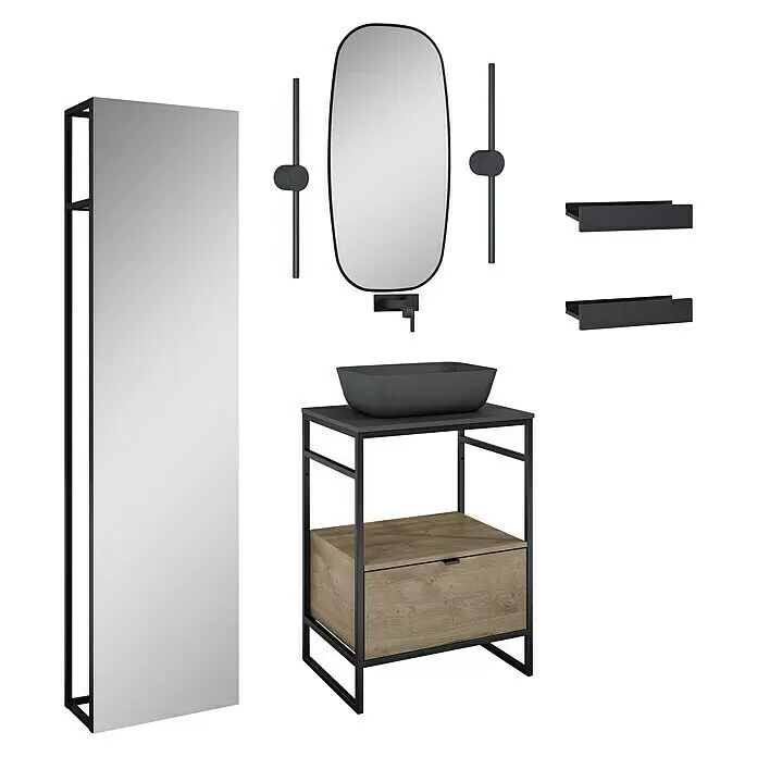 Inspira Badmöbel-Set BF2 - Gesamtbreite Badmöbel: 60 cm, Anthracite/Canela Oak/Black, Matt, 11 -tlg. - Diagonale Ansicht