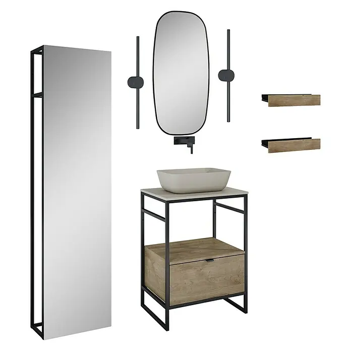 Inspira Badmöbel-Set BF4 - Gesamtbreite Badmöbel: 60 cm, Fume/Canela Oak/Black, Matt, 11 -tlg. - Badezimmer-Arrangement mit Waschbeckenunterschrank, Spiegel und Holzregalen. Stilvolles Design für moderne Bäder.