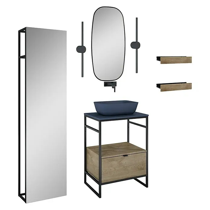 Inspira Badmöbel-Set BF5 - Gesamtbreite Badmöbel: 60 cm, Navy Blue/Canela Oak/Black, Matt, 11 -tlg. - Badezimmer-Set mit Waschtisch, Spiegeln und Ablagen. Das Set besticht durch sein modernes Design mit schwarzen Metallrahmen und Holzelementen.