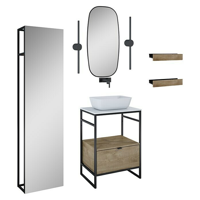 Inspira Badmöbel-Set BF7 (11 -tlg., 60 cm, Stone/Canela Oak/Black, Matt)