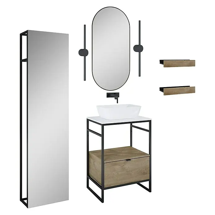 Inspira Badmöbel-Set BG1 - Gesamtbreite Badmöbel: 60 cm, White/Canela Oak/Black, Matt, 11 -tlg. - Badezimmer-Set mit Waschtischunterschrank, Spiegel, Beleuchtung und Regalen. Das moderne Design fügt sich nahtlos in jedes Badezimmer ein.
