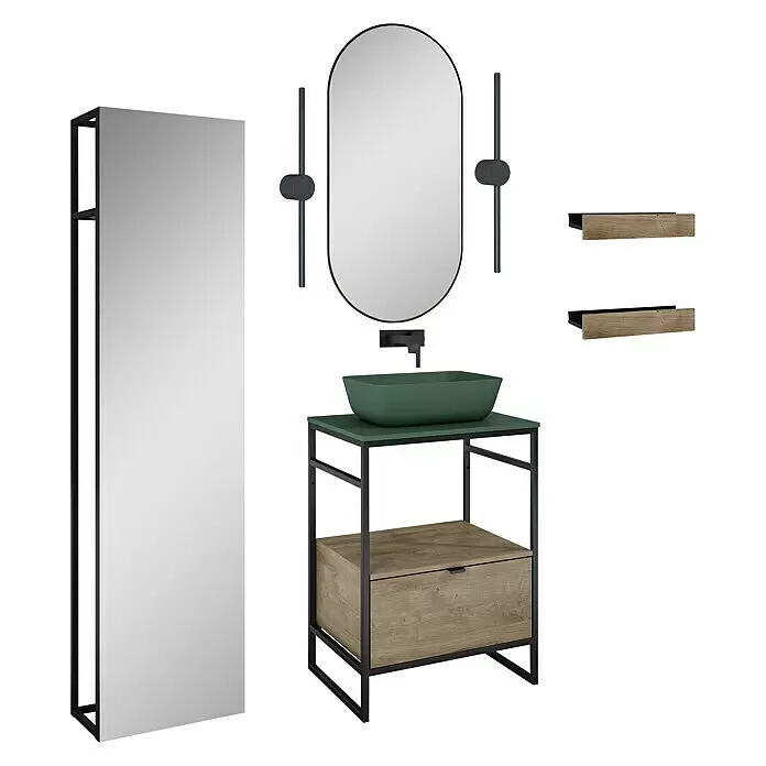 Inspira Badmöbel-Set BG3 - Gesamtbreite Badmöbel: 60 cm, Forest Green/Canela Oak/Black, Matt, 11 -tlg. - Diagonale Ansicht