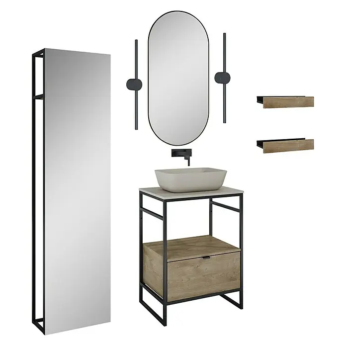 Inspira Badmöbel-Set BG4 - Gesamtbreite Badmöbel: 60 cm, Fume/Canela Oak/Black, Matt, 11 -tlg. - Badezimmer-Set mit Waschbecken, Spiegeln, Regalen und Unterschrank in modernem Design für stilvolle Badezimmer.