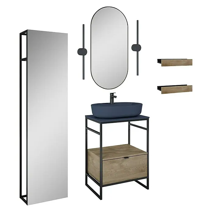 Inspira Badmöbel-Set BL5 - Gesamtbreite Badmöbel: 62 cm, Navy Blue/Canela Oak/Black, Matt, 11 -tlg. - Badezimmereinrichtung mit Waschtischunterschrank, Spiegel, Leuchten und Regalen. Das moderne Design in dunklen Farben und Holzoptik ist ein Blickfang.