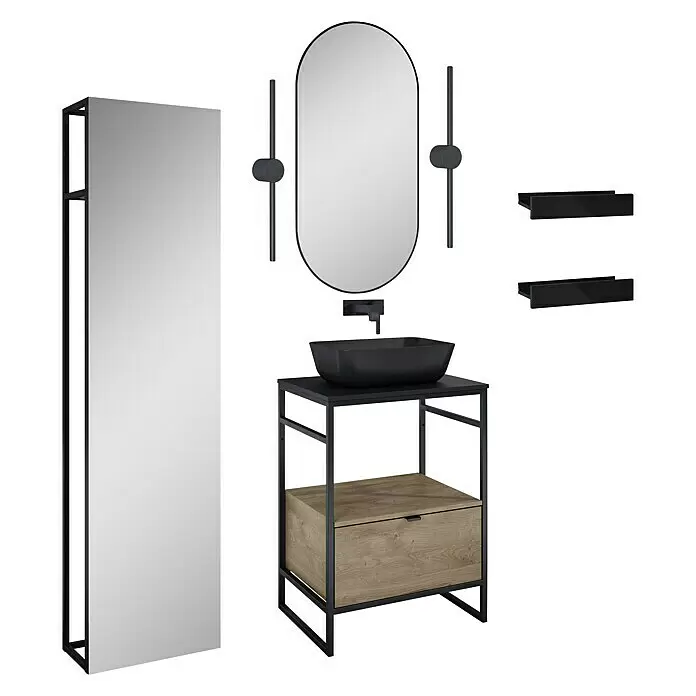 Inspira Badmöbel-Set BG6 - Gesamtbreite Badmöbel: 60 cm, Black/Canela Oak, Matt, 11 -tlg. - Diagonale Ansicht