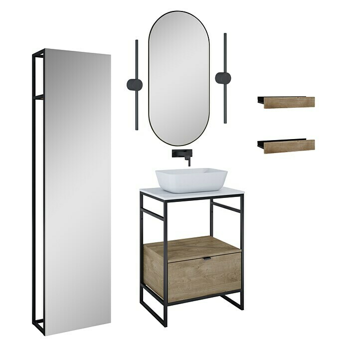 Inspira Badmöbel-Set BG7 (11 -tlg., 60 cm, Stone/Canela Oak/Black, Matt)