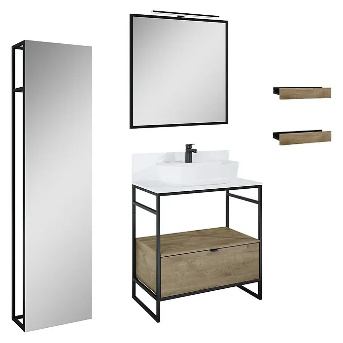 Inspira Badmöbel-Set BH1 - Gesamtbreite Badmöbel: 80 cm, White/Canela Oak/Black, Matt, 10 -tlg. - Badezimmer-Set mit Waschtischunterschrank, Spiegel und Regalen in modernem Design für ein stilvolles Ambiente.