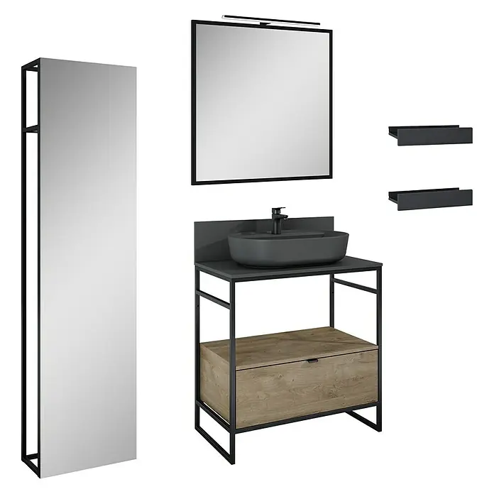 Inspira Badmöbel-Set BH2 - Gesamtbreite Badmöbel: 80 cm, Anthracite/Canela Oak/Black, Matt, 10 -tlg. - Stylisches Badezimmerset mit Waschtisch, Spiegel und Regalen. Modernes Design für ein elegantes Badezimmer.
