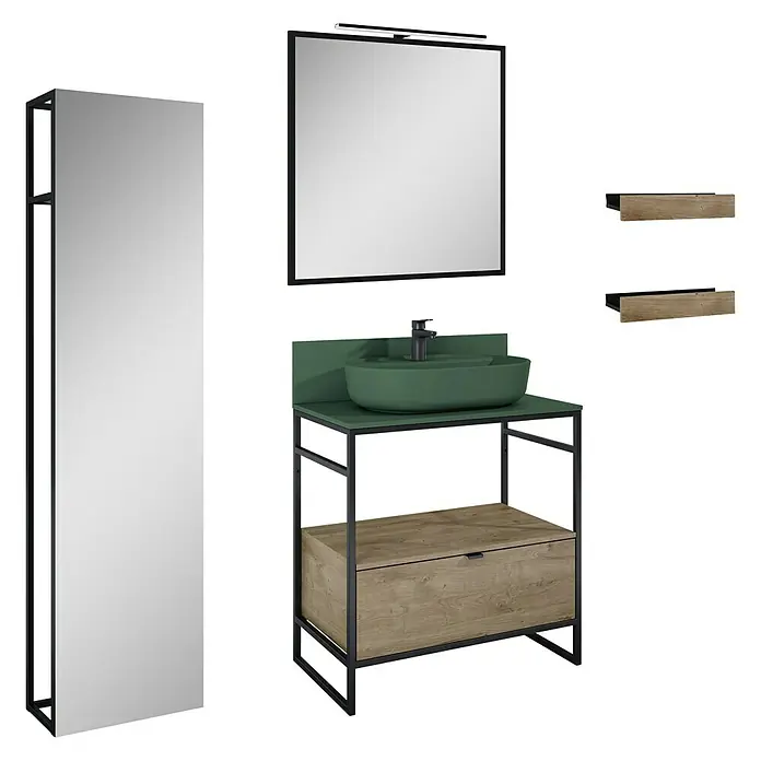 Inspira Badmöbel-Set BH3 - Gesamtbreite Badmöbel: 80 cm, Forest Green/Canela Oak/Black, Matt, 10 -tlg. - Produktbild eines modernen Badezimmersets mit Waschtisch, Spiegel und Regalen in stilvollem Design.