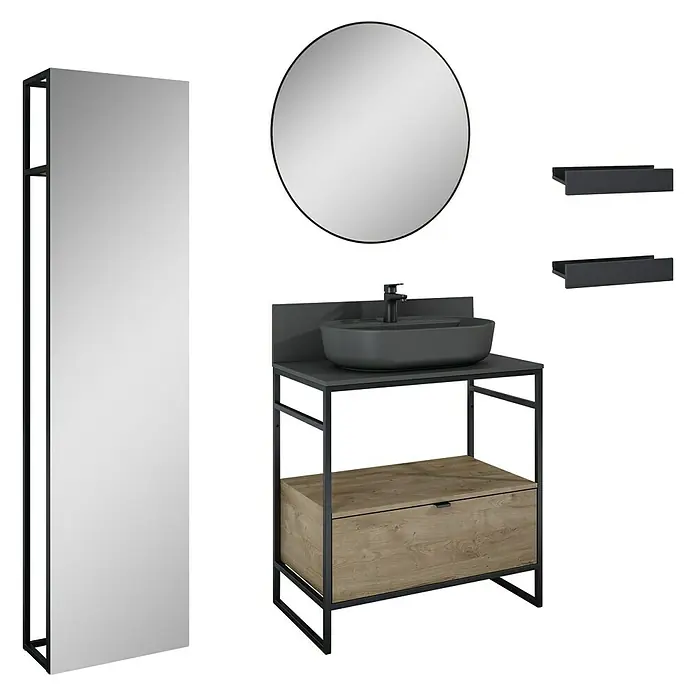 Inspira Badmöbel-Set BI1 - Gesamtbreite Badmöbel: 80 cm, Anthracite/Canela Oak/Black, Matt, 10 -tlg. - Badezimmer-Set mit Spiegel, Waschtisch mit grauer Arbeitsplatte, Waschbecken und Holzschublade, runde Spiegel, zwei Regale.