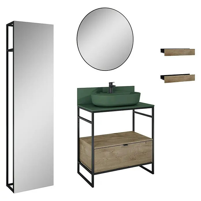 Inspira Badmöbel-Set BI2 - Gesamtbreite Badmöbel: 80 cm, Forest Green/Canela Oak/Black, Matt, 10 -tlg. - Badezimmer-Set mit Spiegeln, Waschtisch mit grünem Aufsatzwaschbecken und Holzschublade. Zwei passende Regale an der Wand.